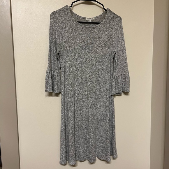 Monteau Grey Sweater Dress Flowy Bell Sleeves Fall Winter Casual Heathred Dress - Picture 2 of 4